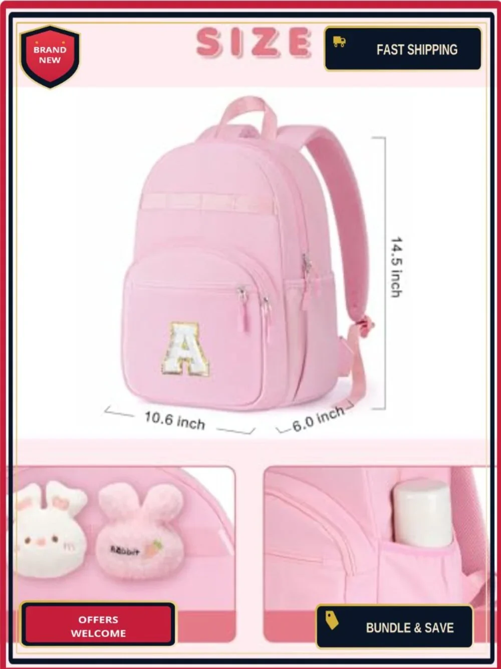 Kids Initial Backpack for Girls Elementary School, Lightweight with Multiple